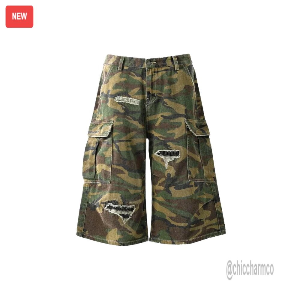 Men's Cargo Shorts Distressed Camo Streetwear Baggy Fit Cotton